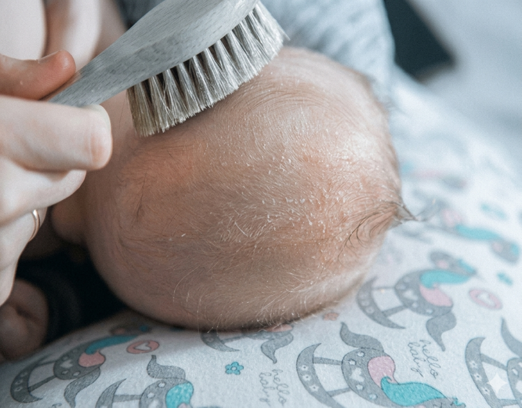 A parent gently brushing a newborn's scalp to loosen cradle cap flakes with a soft baby brush