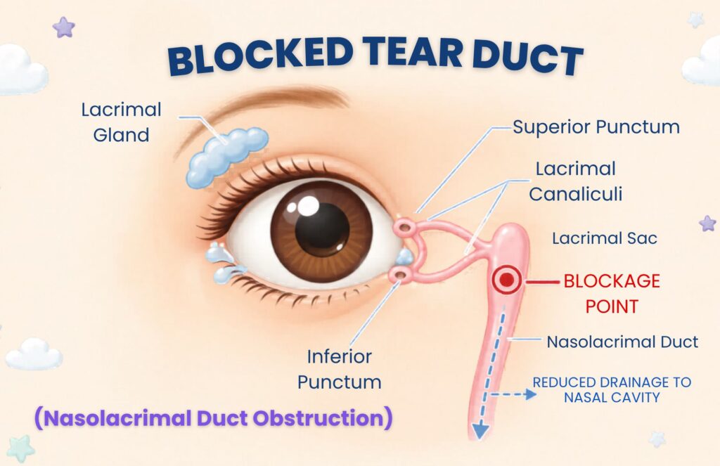 Illustrated diagram of a blocked tear duct in babies showing the lacrimal gland, canaliculi, lacrimal sac, and blockage point in the nasolacrimal duct